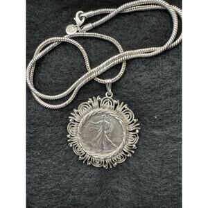 Silver Half Dollar Medallion Pendant with Silver Chain 925 Stamped